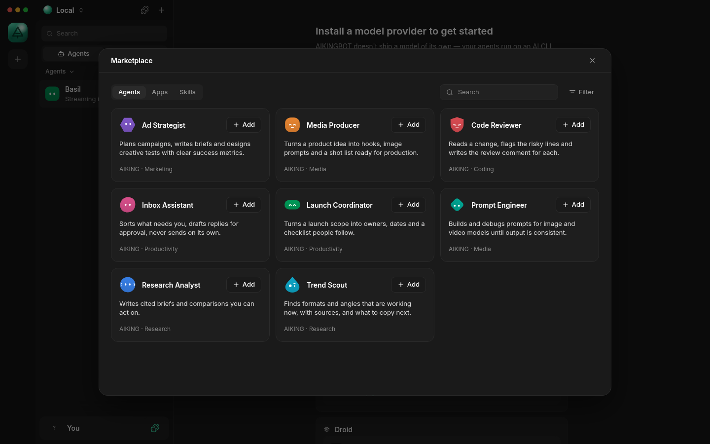 AIKINGBOT Marketplace with installable agents and skills